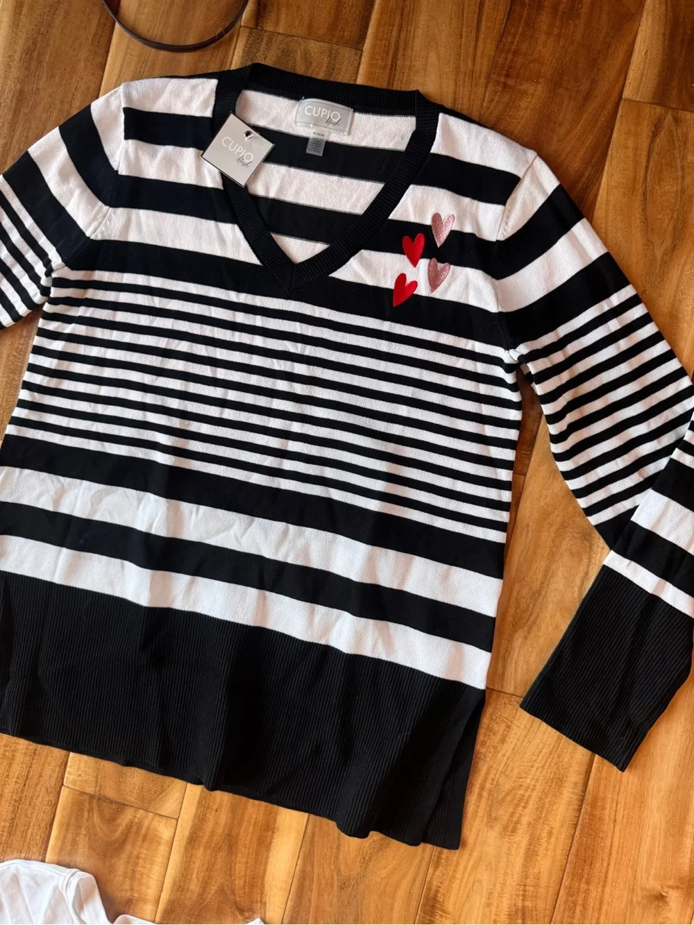 Cupio Black & White Striped V-Neck Sweater with Red & Pink Heart Details